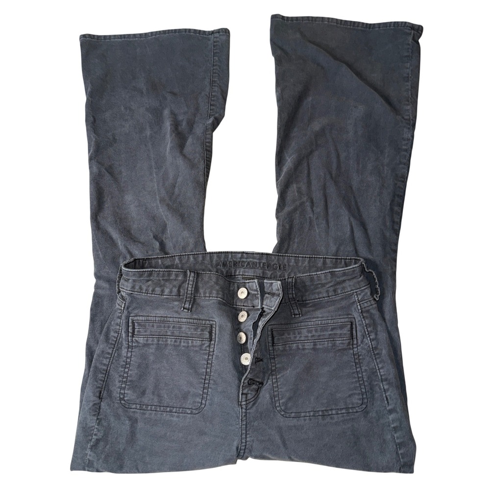 American Eagle Corduroy Pants 8 Gray High Rise Button‎ Fly Flare Patch Pocket